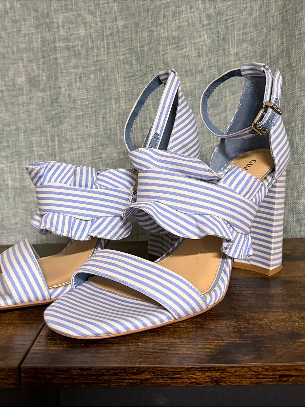 Gianni Bini Blue and White Striped Ruffle Ankle-Strap Heels